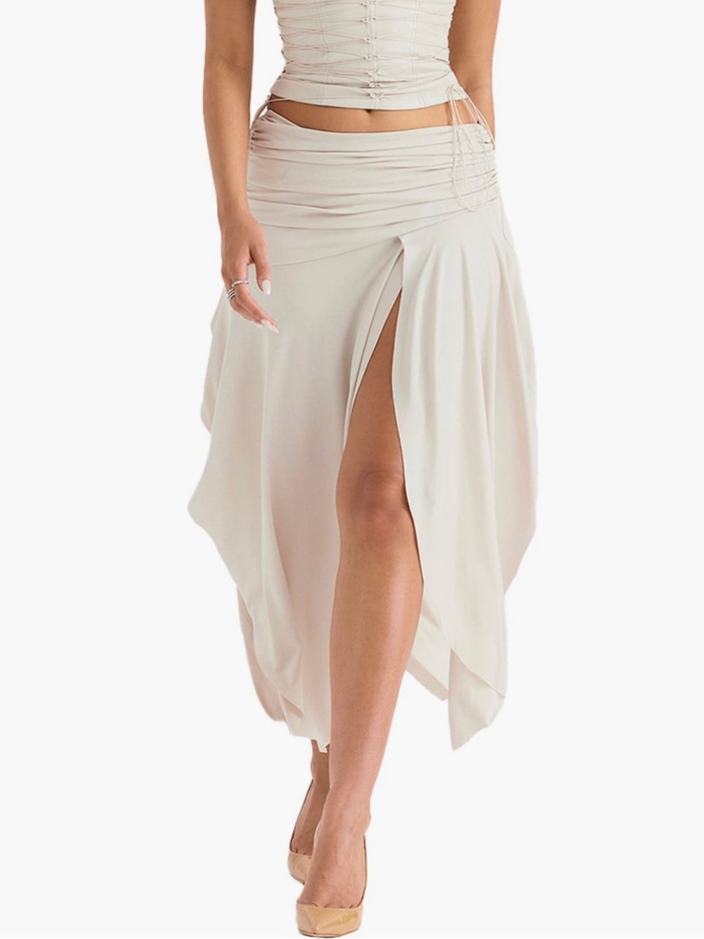 House of CB Flowy Ruched Slit Midi Skirt - Cream